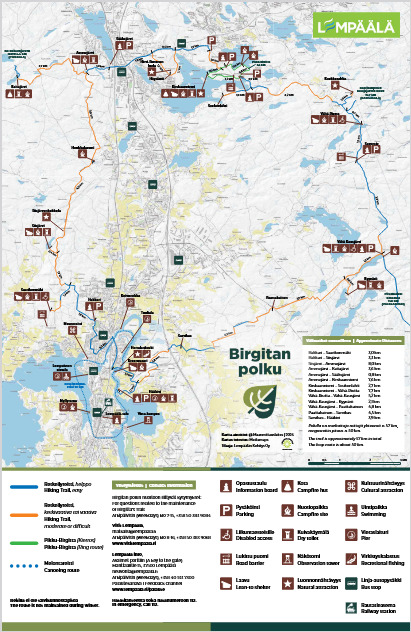Karttakuva Lempäälän Birgitan polku -retkeilyreitistä, joka on noin 50 km:n pituinen ympyräreitti. Kartta näyttää polun eri osat, taukopaikat, laavut, pysäköintialueet ja reittimerkinnät (helpot osuudet, haastavammat osuudet, melontareitti) Lempäälän alueella.