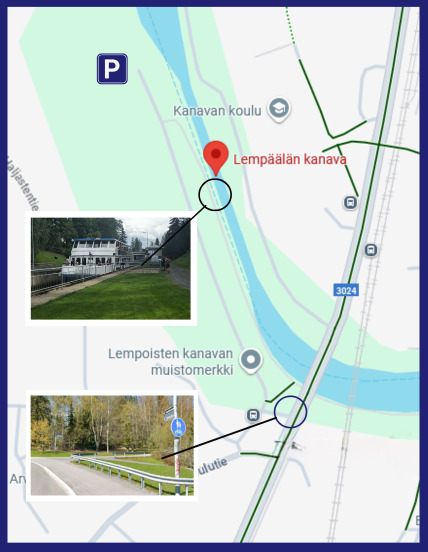 Map of the Lempäälä Canal area showing a parking location, the canal, and nearby routes. Includes two photos: the upper one shows a canal cruise ship at a lock, the lower one shows the start of a pedestrian and bicycle path next to a green area.