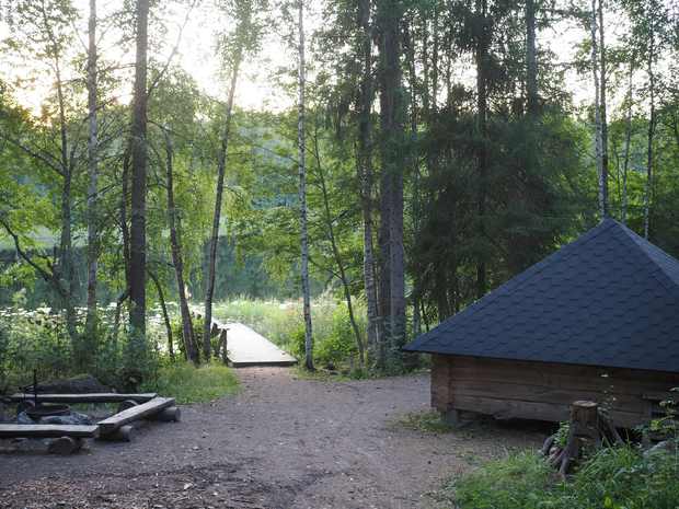 Rauhallinen metsämaisema Siisjärvellä. Etualalla on nuotiopaikka penkkeineen ja oikealla puolella pieni hirsinen katos, jonka katto on tummanharmaa. Polku kulkee metsän läpi puiselle laiturille, joka johtaa tyynelle järvelle. Taustalla näkyy vihreitä puita ja vedenpintaa, jossa heijastuu ilta-auringon valo.