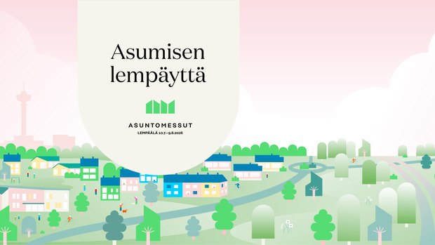 Illustrated landscape of colorful houses, trees and pathways with a soft pink sky. A large white banner overlays the scene with the text ‘Asumisen lempäyttä’ and the Housing Fair Lempäälä 2026 logo.”