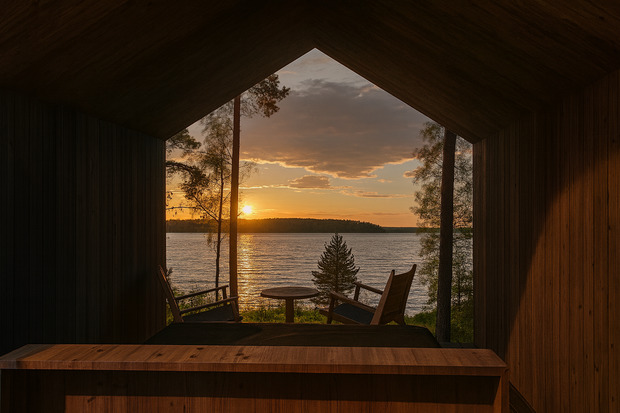 Havainnekuva saunasta, jonka avoimesta seinästä avautuu järvinäkymä auringonlaskun aikaan.