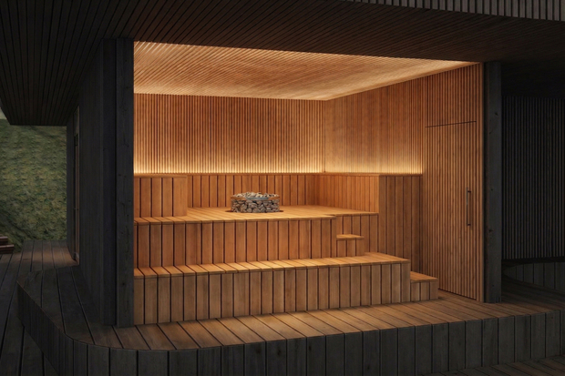vaalea puupintainen moderni sauna, jossa suuri lasi-ikkuna